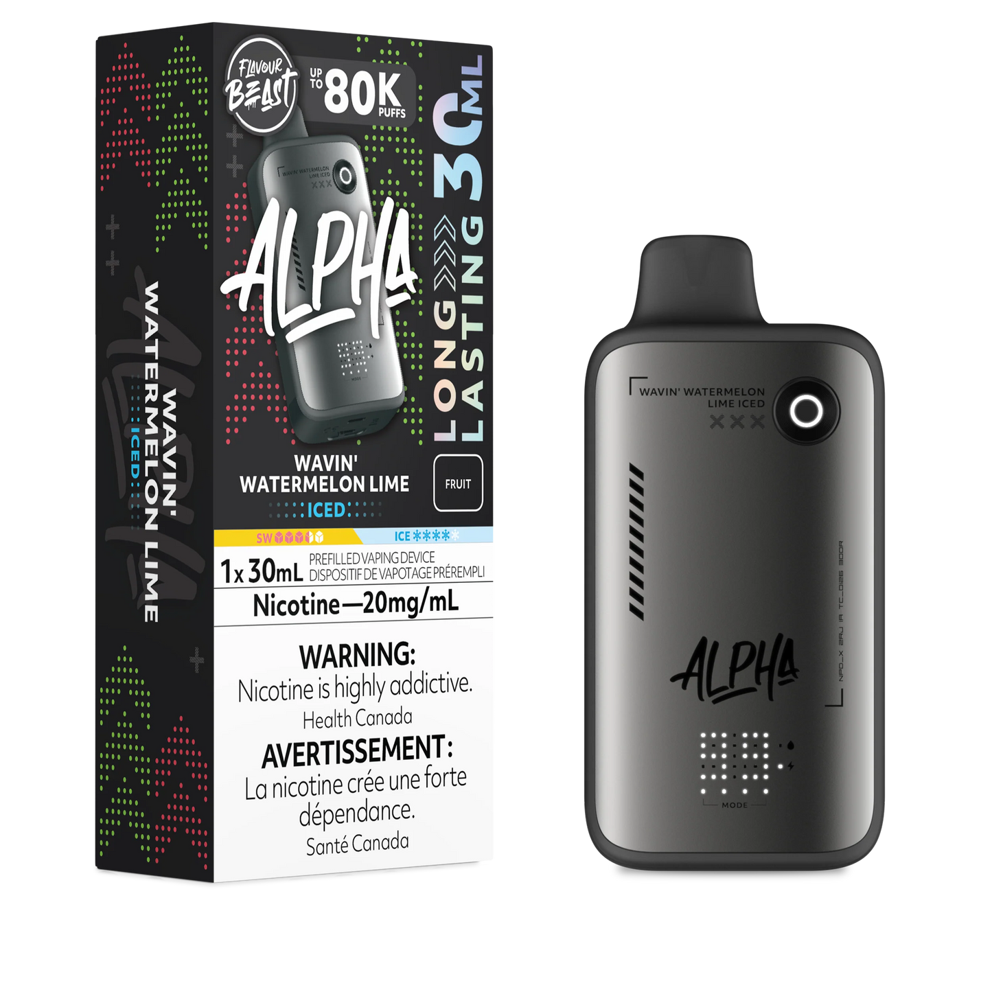 Flavour Beast Alpha 80k Wavin’ Watermelon Lime Iced 20mg/30mL Disposable (Provincial)