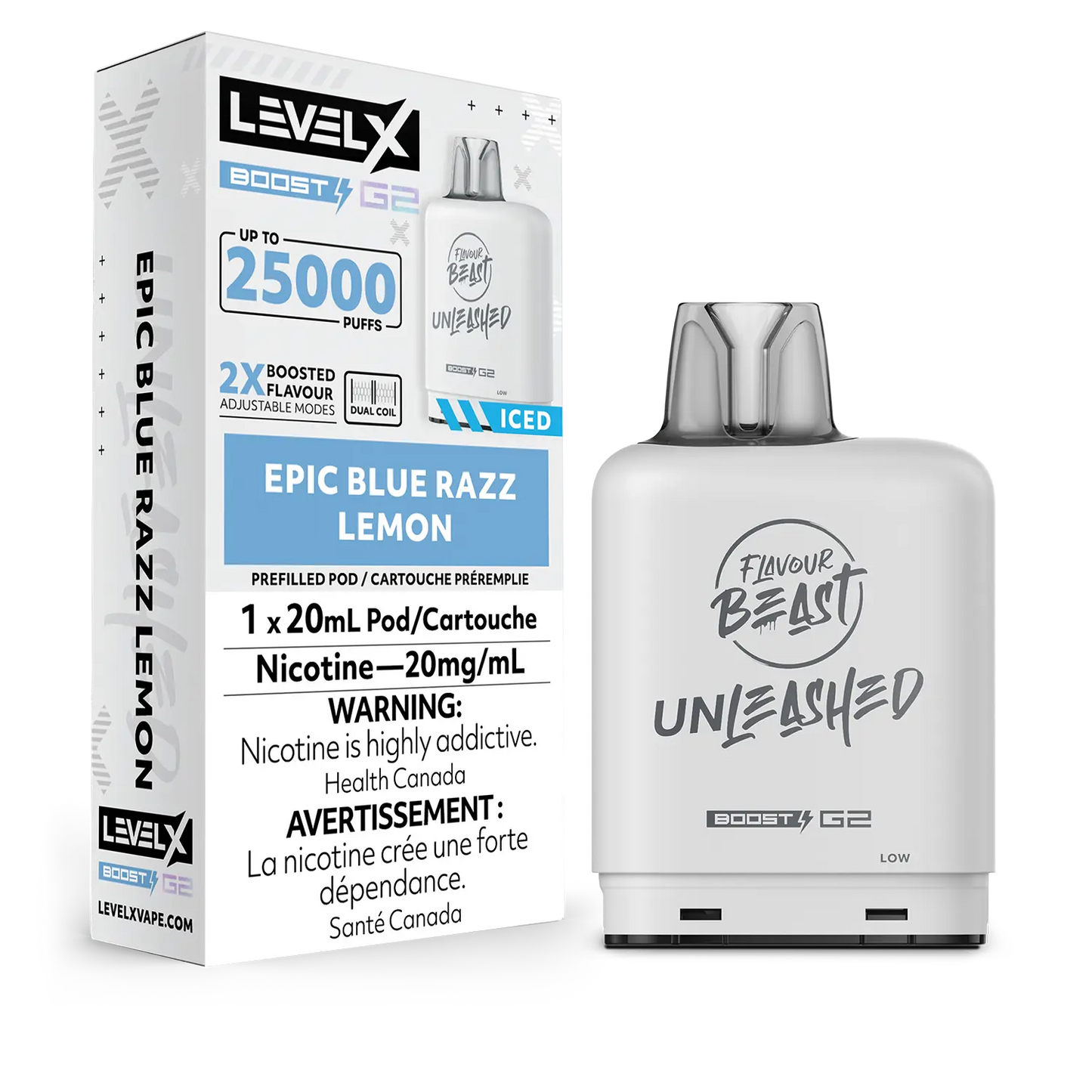 Flavour Beast Unleashed LevelX Boost Pod G2 25K Epic Blue Razz Lemon Iced 20mg (Provincial)