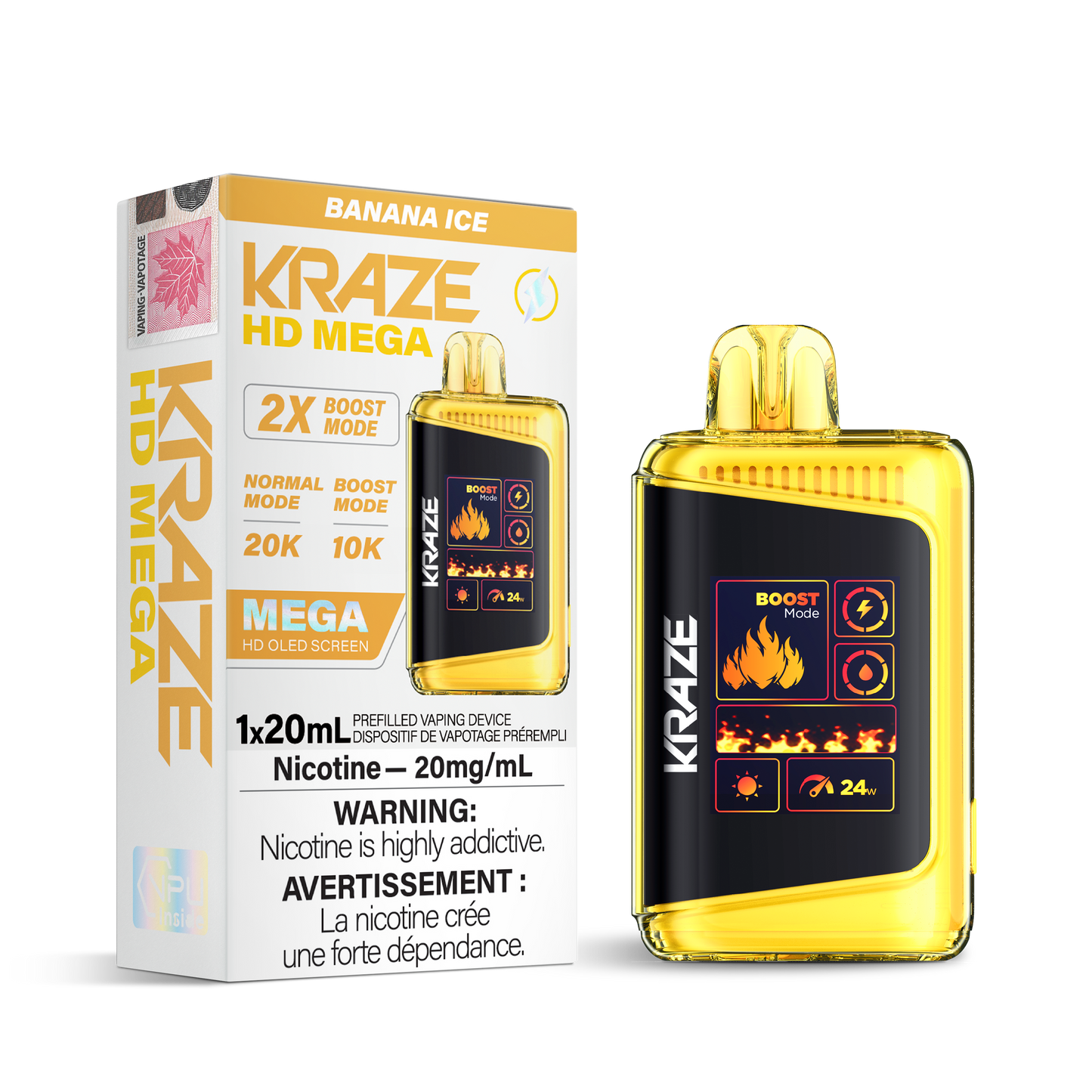 Kraze HD Mega 20K Banana ice 20mg/mL disposable (Provincial)