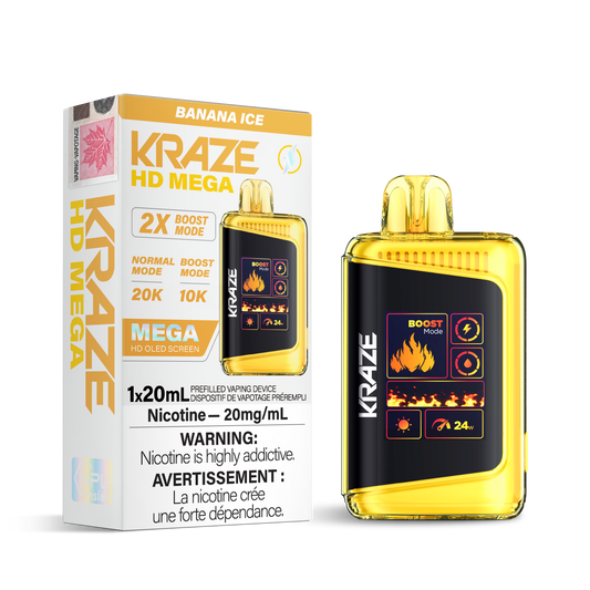 Kraze HD Mega 20K Banana ice 20mg/mL disposable (Provincial)