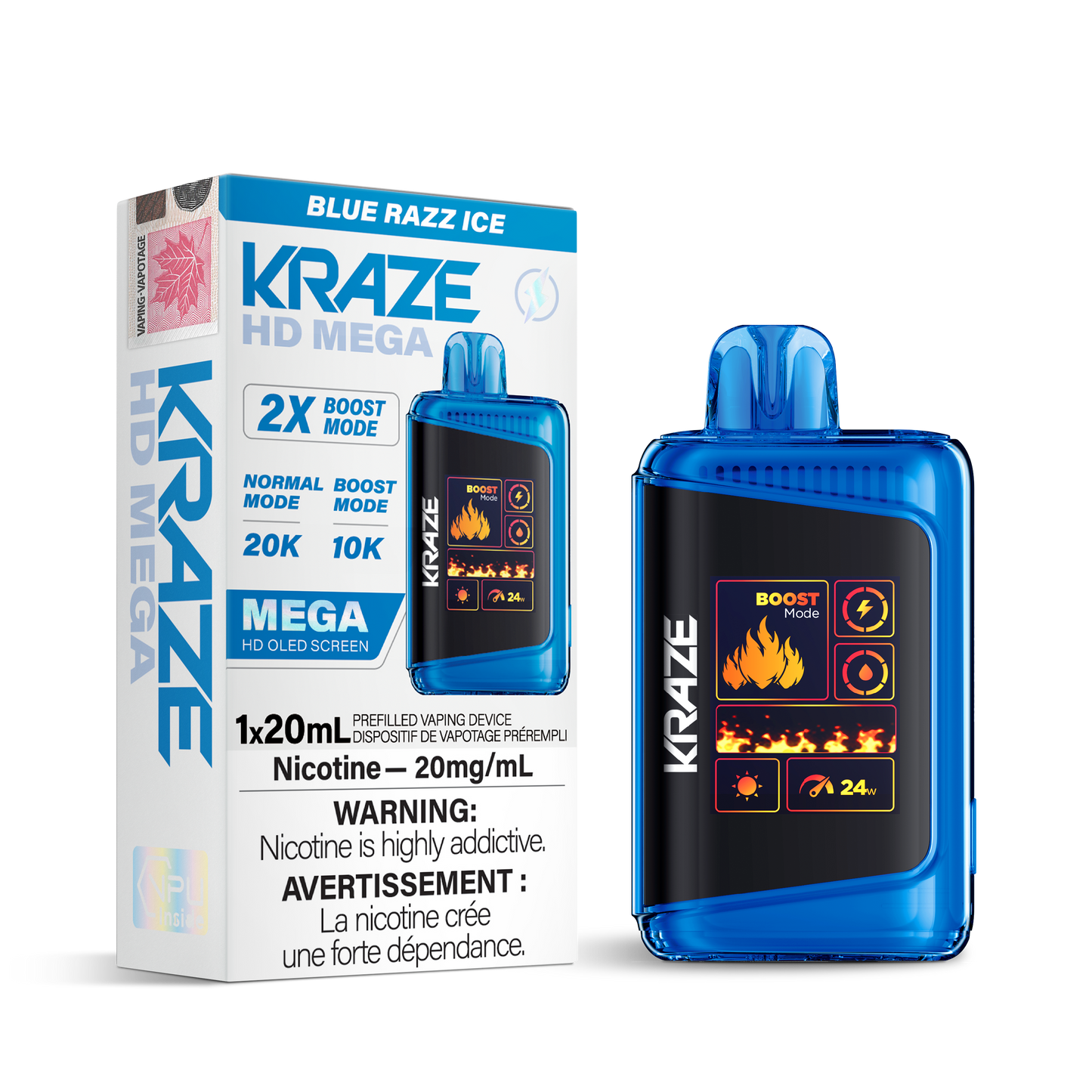 Kraze HD Mega 20K Blue Razz Ice 20mg/mL disposable (Provincial)