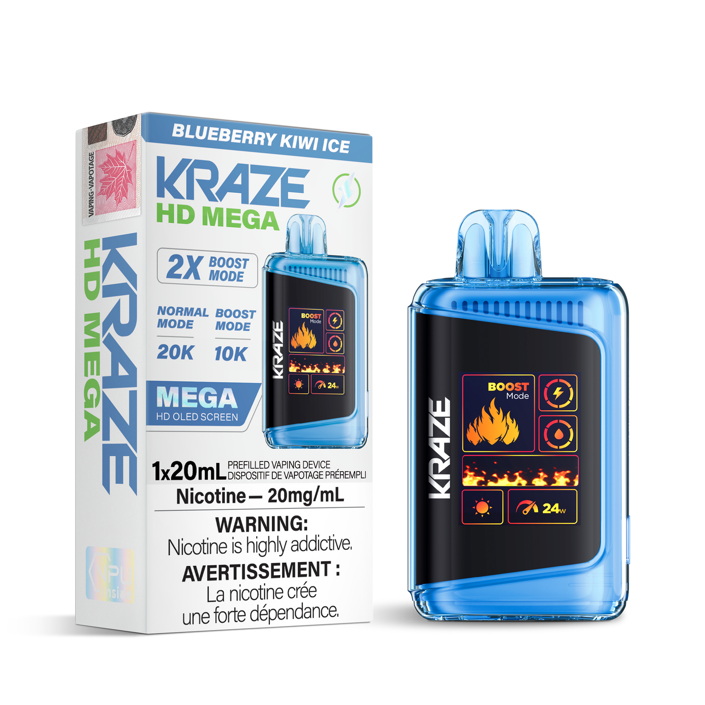 Kraze HD Mega 20K Blueberry kiwi ice 20mg/mL disposable (Provincial)
