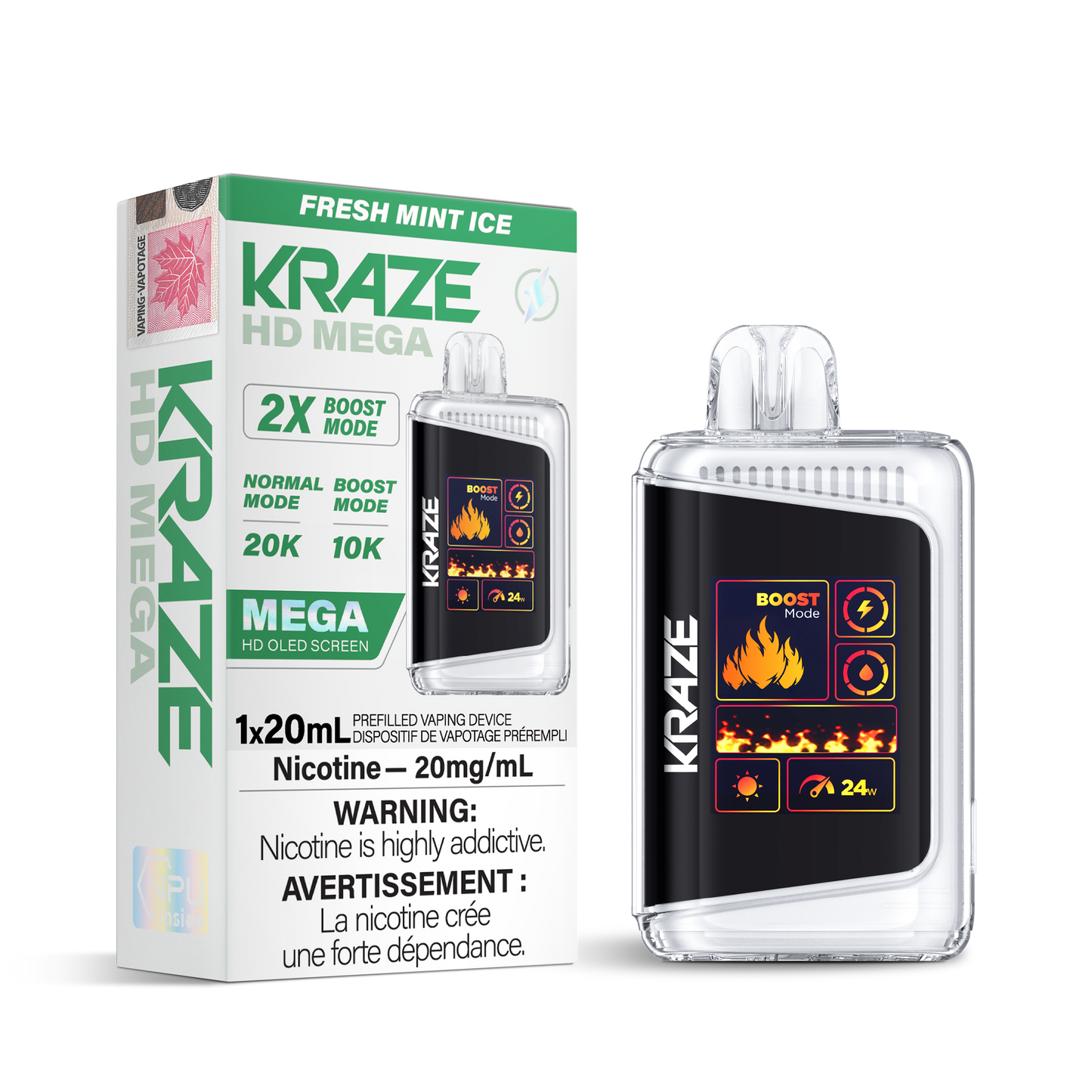Kraze HD Mega 20K Fresh mint ice 20mg/mL disposable (Provincial)