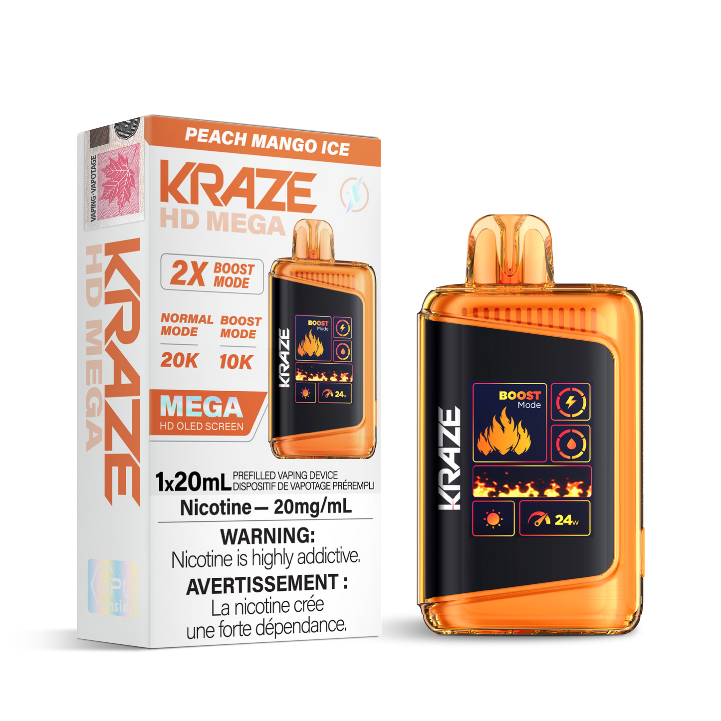 Kraze HD Mega 20K Peach Mango Ice 20mg/mL disposable (Provincial)