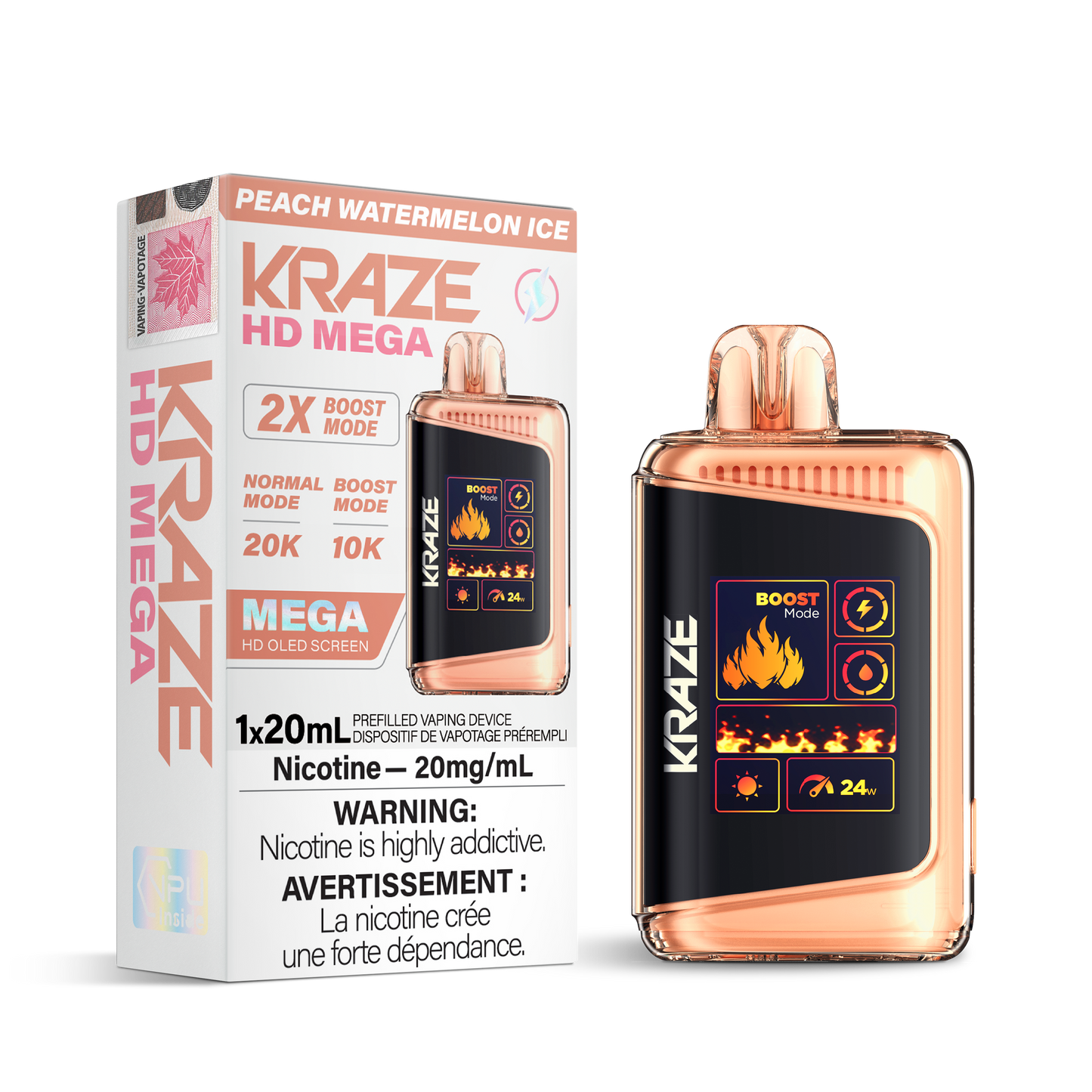 Kraze HD Mega 20K Peach Watermelon Ice 20mg/mL disposable (Provincial)