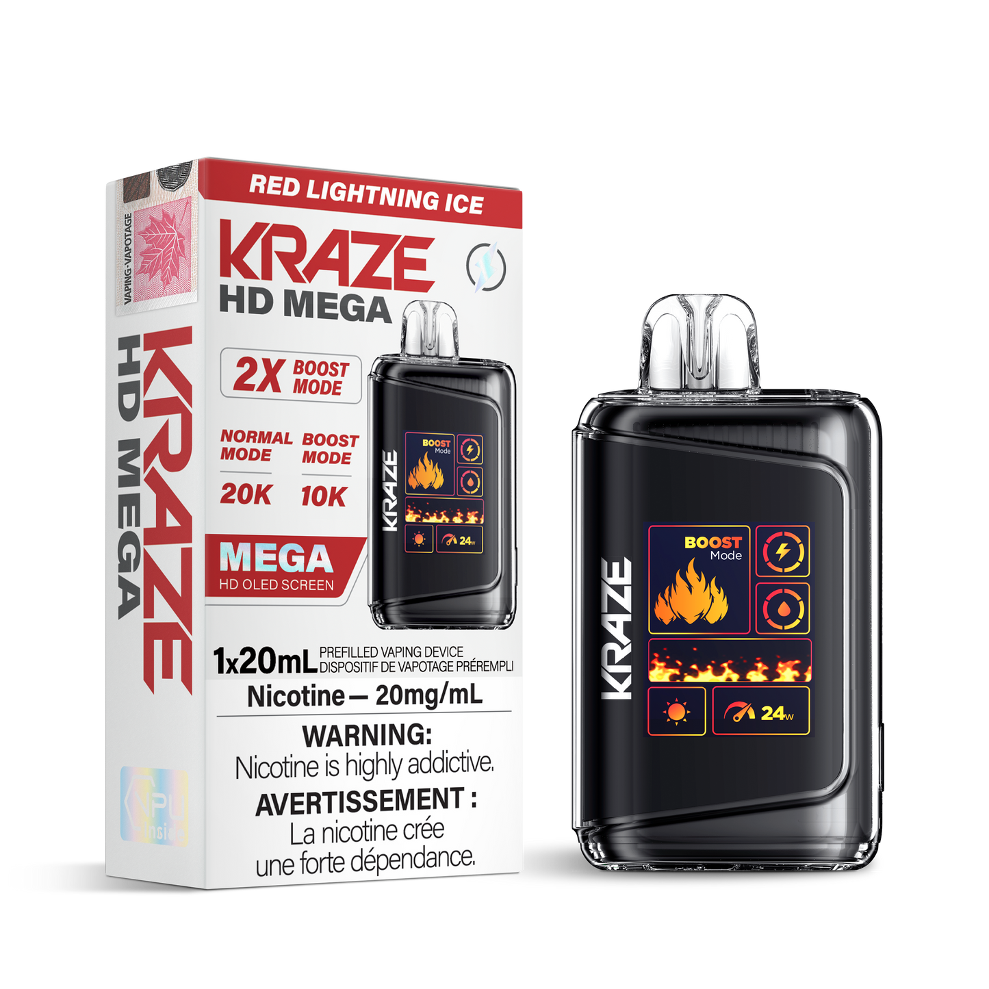 Kraze HD Mega 20K Red lightning ice 20mg disposable (Provincial)