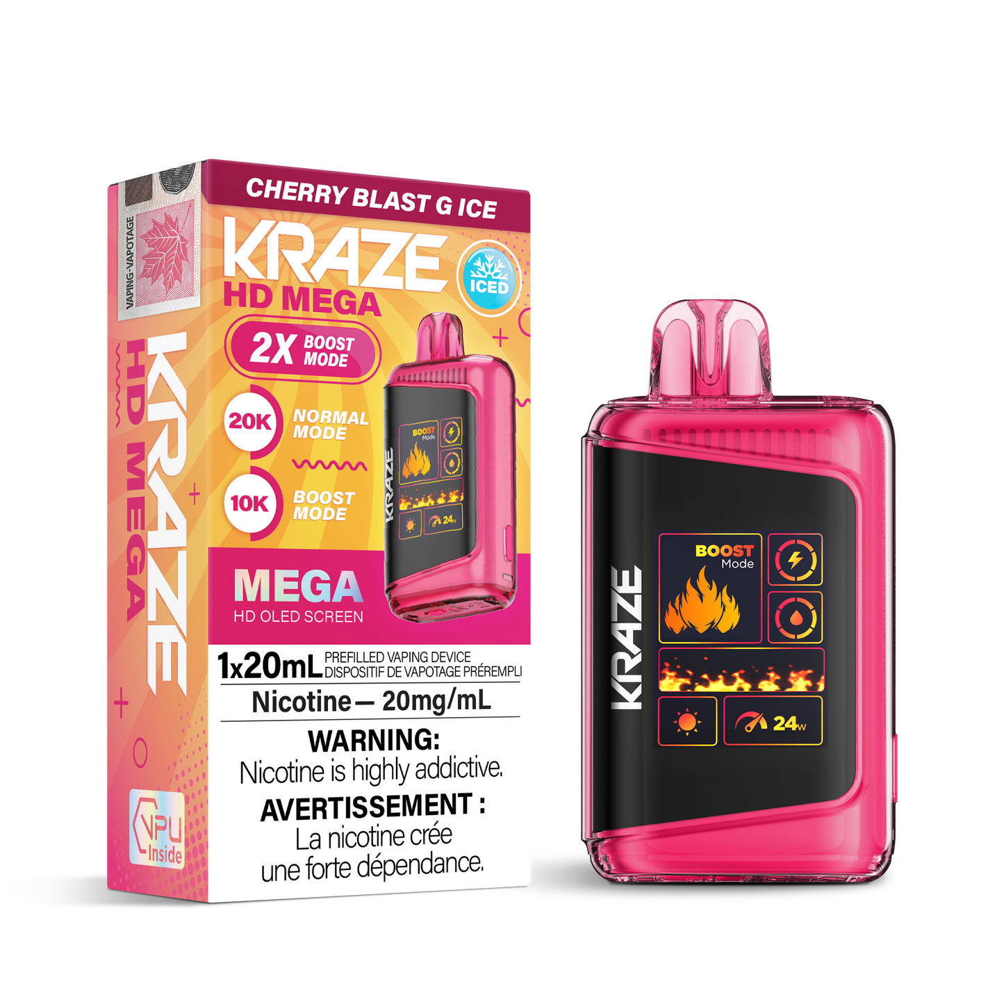 Kraze HD Mega 20K Cherry Blast G Ice 20mg disposable (Provincial)